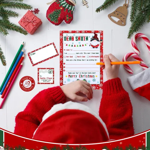 Vista 6 de 75 piezas de kit de escritura de cartas a Papá Noel, lista de deseos navideños, 15 cartas en blanco de Navidad para rellenar con sobres rojos