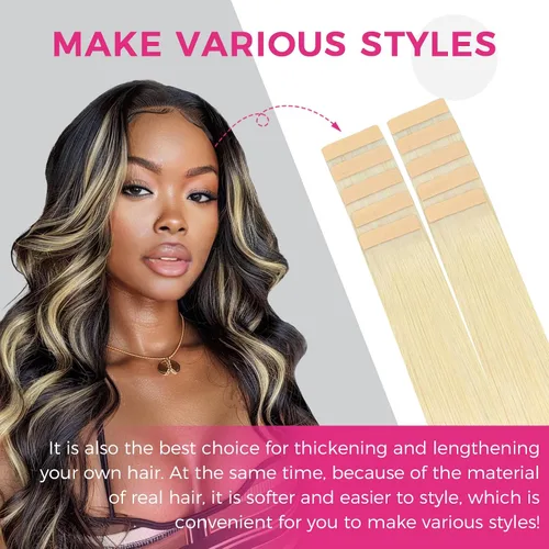 Vista 27 de Extensiones de cabello Lashey de 14 pulgadas; extensiones de cabello humano real lacio color negro azabache con trama adhesiva para mujeres, 20