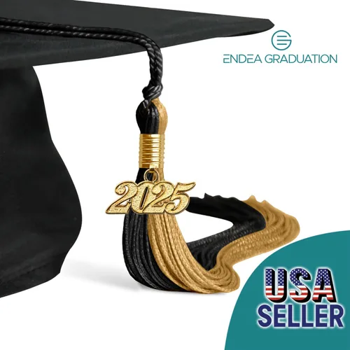 Vista 4 de Endea Graduation Borla de doble color con gota de fecha plateada (negro/oro antiguo, 2025)