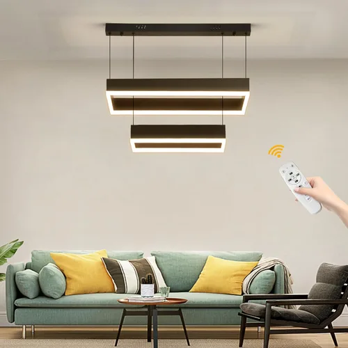 Vista 9 de Candelabros modernos para sala de estar, 2 anillos rectángulos, lámpara colgante de isla de cocina, lámpara LED regulable para comedor y dormitorio