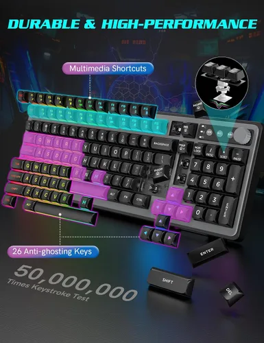 Vista 3 de Combo de teclado y mouse para juegos Retroiluminación RGB 14 efectos de iluminación, teclado de computadora con cable USB, anti-fantasma de 26
