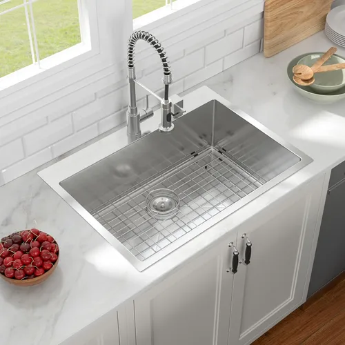Vista 3 de Fregadero de cocina rectangular hecho a mano de 30 x 22 pulgadas, calibre 16, de calibre 16, para montaje superior, rectangular, hecho a mano
