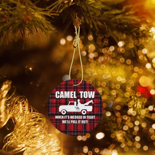 Vista 7 de Camel Towing When It's Wedged in Tight We'll Pull It Out Árbol de Navidad colgante cerámica redondo adornos de Navidad decoración del hogar