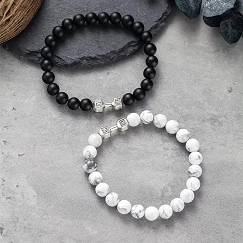 Vista 2 de Traintough - Pulsera de mancuernas para hombre, pulsera de cuentas de ansiedad de roca volcánica, ajustable, fitness, yoga, joyería, regalos