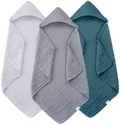 Vista 12 de Toallas de baño de muselina con capucha para bebé, paquete de 3 toallas 100% algodón ultrasuaves para recién nacidos, bebés, niños pequeños, 32 x 32