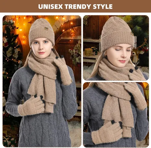 Vista 6 de Gorro de punto de invierno para mujer con guantes para pantalla táctil, gorro de pompón, bufandas para el cuello para hombres