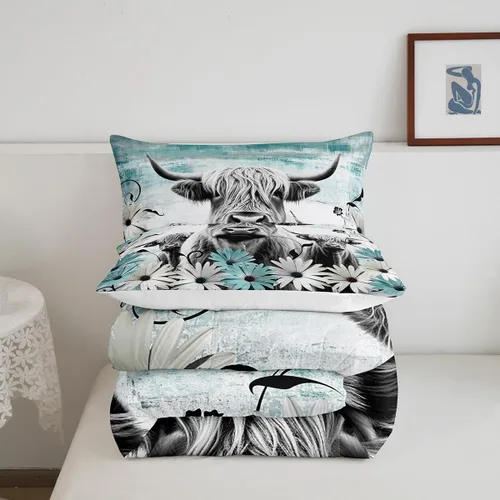 Vista 6 de Erosebridal Juego de edredón con estampado de vaca de las Highland, juego de ropa de cama de granja occidental verde azulado, decoración rústica