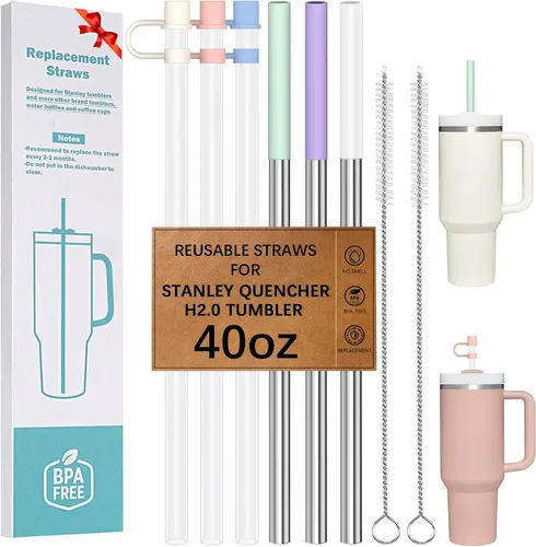Vista 13 de HEYSKAY 3 popotes de repuesto reutilizables para vaso Stanley de 40 onzas, popotes de repuesto de metal con puntas de silicona y cepillos