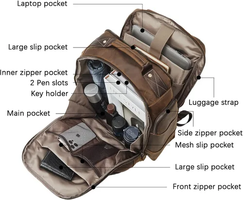 Vista 3 de BOSTANTEN Mochila de cuero para hombres 15.6 pulgadas mochila portátil vintage viaje oficina bolsa de hombro gran capacidad, Z-café claro, Mochilas
