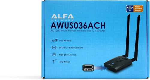 Vista 3 de 【Nueva versión tipo C WiFi USB】 ALFA AWUS036ACH Adaptador inalámbrico Wi-Fi de banda dual AC1200 de largo alcance con 2 antenas externas de 5dBi