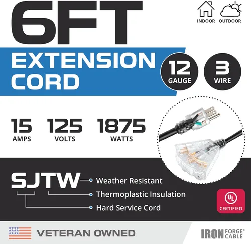 Vista 2 de Iron Forge Cable Cable de extensión de calibre 12 con múltiples tomas, cable de extensión negro resistente de 6 pies - SJTOW 12/3, cables de salida