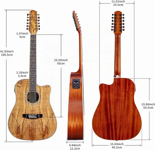 Vista 2 de TARIO 12 Cuerdas Acústica Eléctrica Cutaway Guitarra Spalted Maple Top Caoba Back & sides Okoume Neck
