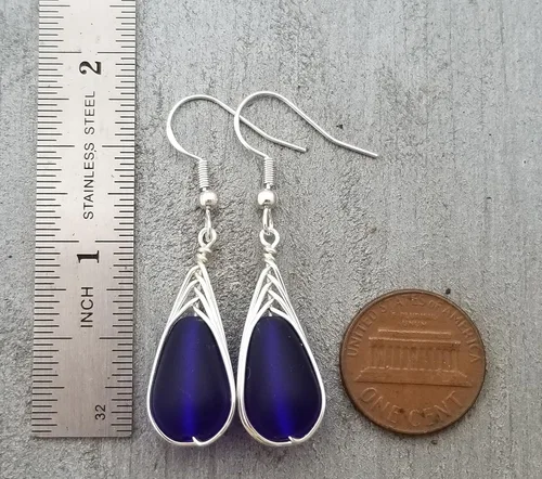 Vista 3 de Yinahawaii Handmade Sea Glass Earrings, Hawaiian Jewelry, Wire Braided Earrings Teardrop Earrings, Beach Jewelry Sea Glass Jewelry For Women Cobalt