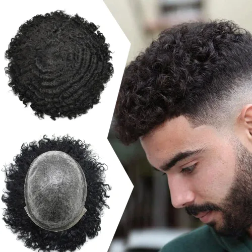 Vista 12 de Afro Toupee para hombres negros unidad de cabello humano para hombres negros postizo PU Ingección Afro Mens Toupee 4MM onda #1 negro azabache