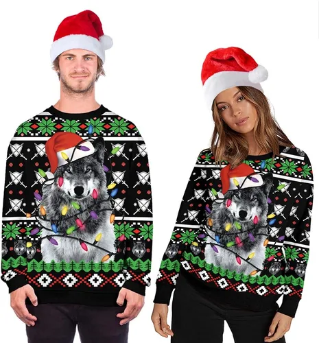 Vista 54 de Sudaderas de Navidad unisex con estampado 3D y cuello redondo, manga larga, suelta, suéter de Navidad