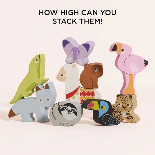 Vista 5 de Le Toy Van Torre apilable y bolsa de madera Petilou Andes 59.1 ft+ Sustainable Wooden Balancing Toy, Rainforest Animal Characters for Toddlers