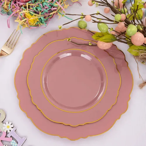 Vista 7 de Nervure 100 platos de plástico rosa malva con borde dorado y 240 vasos de plástico dorados