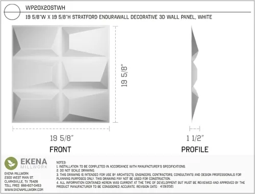 Vista 2 de Ekena Millwork WP20X20STWH 19 5/8 pulgadas de ancho x 19 5/8 pulgadas de alto Stratford EnduraWall Decorativo 3D Panel de pared cubre 2.67 pies