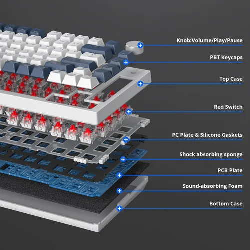 Vista 2 de Owpkeenthy Teclado mecánico para juegos con cable al 75 %, junta de 82 teclas con perilla de volumen, interruptor rojo lineal intercambiable