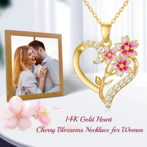 Vista 30 de Collar de flor de nacimiento de oro real de 14 quilates para mujer, oro amarillo creado moissanita con colgante de corazón, collares