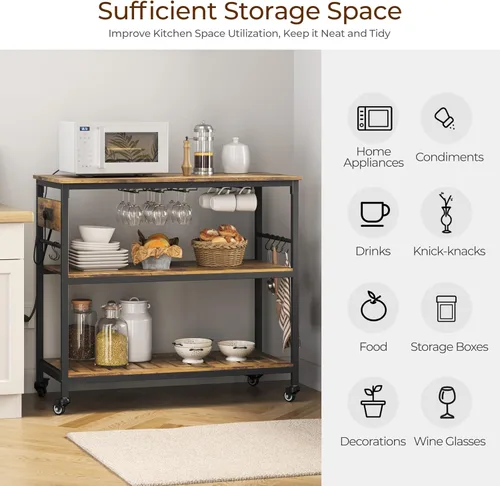 Vista 6 de Yaheetech - Carrito de isla de cocina con toma de corriente, 3 estantes, color marrón rústico 40 Inches Rolling Kitchen Island With Storage,3-Tier
