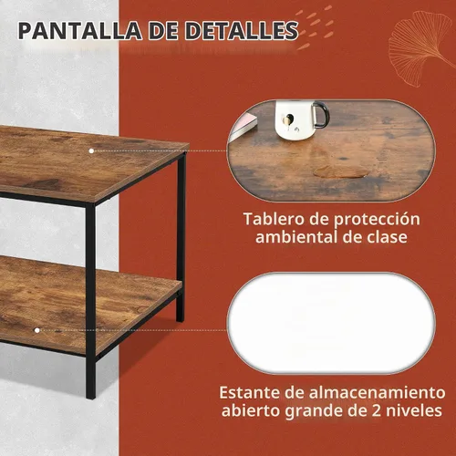 Vista 4 de SENIG Mesa de café pequeña rectangular marrón de madera y metal con estante de almacenamiento para salas de estar pequeñas