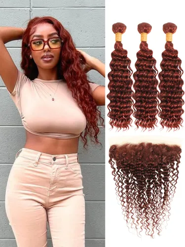 Vista 16 de Cabello Humano Rizado Castaño Rojizo, Trama Gruesa Castaño Cobrizo Rojo Coloreado Ondas Profundas Paquetes Individuales Cabello Humano 12A Tejido