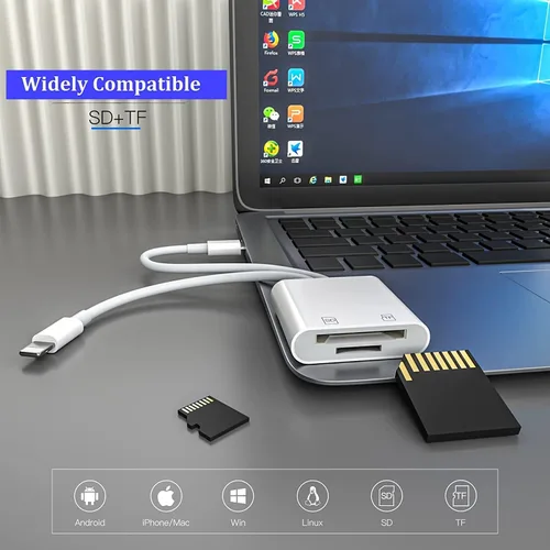Vista 5 de [Certificado MFi de Apple] Lector de tarjetas SD para iPhone, lector SD 4 en 1 con doble ranura para MicroSD/TF, tarjeta de memoria de fotografía
