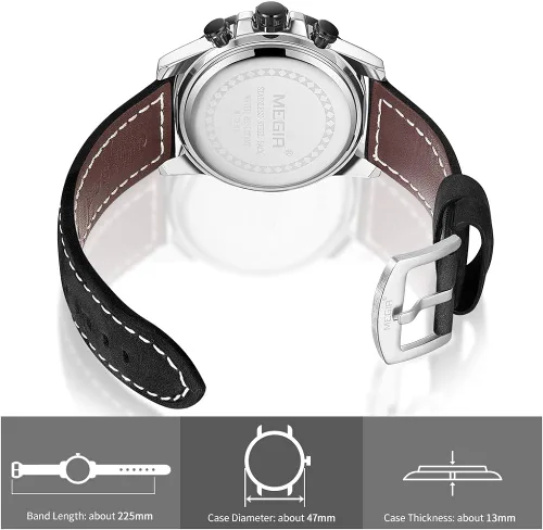 Vista 5 de MEGIR Reloj analógico de cuarzo para hombre con correa de cuero de cara grande para deportes 2130