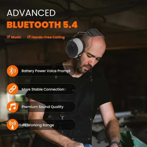 Vista 5 de Protección auditiva Bluetooth 5.4 mejorada NRR 25dB Micrófono integrado, auriculares con cancelación de ruido manos libres con almohadillas de gel