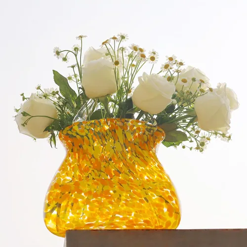 Vista 4 de Jarrón de bolsa, jarrones con asas, monedero, jarrón de vidrio, florero de vidrio, florero de bolsa de vidrio para decoración, morado