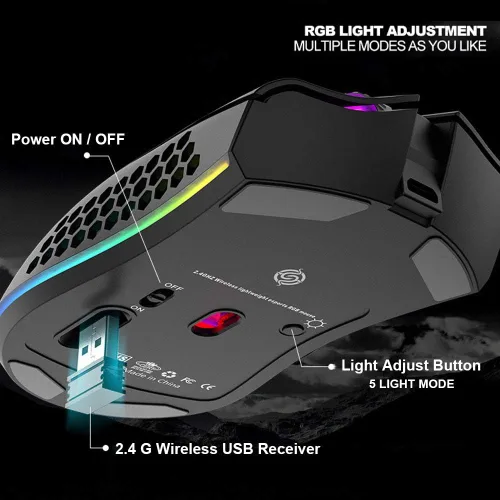 Vista 6 de Mouse ligero para juegos, mouse inalámbrico recargable para juegos con receptor USB, retroiluminación RGB, mouse de computadora para computadora