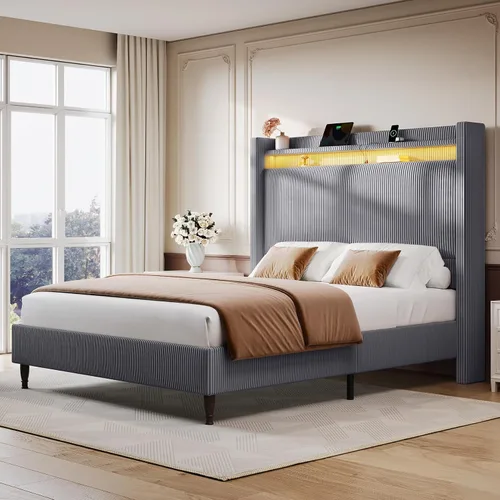 Vista 6 de Base de cama matrimonial con cabecera de 55.3 pulgadas de alto, plataforma tapizada de pana con luces LED y estación de carga, cabecera