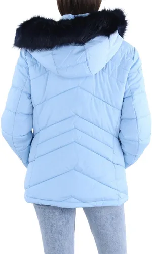 Vista 3 de Tommy Hilfiger Women's Chevoron Fur Hooded Short Puffer Jacket With Cinched Waist Cerulean