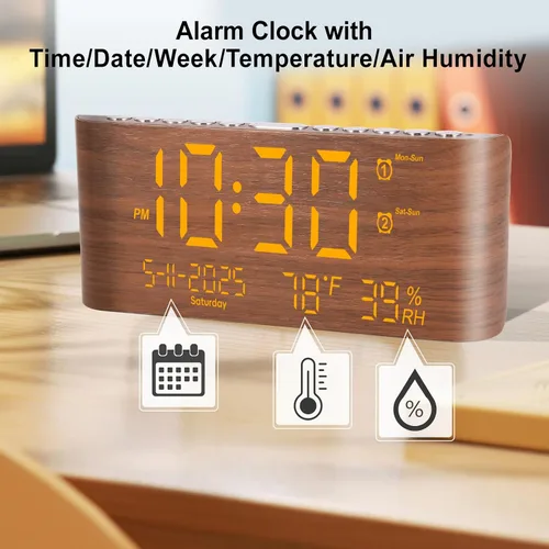 Vista 2 de PPLEE Reloj despertador digital de 8.7 pulgadas para dormitorio, reloj digital con día de la semana, mes, año, humedad y temperatura, brillo