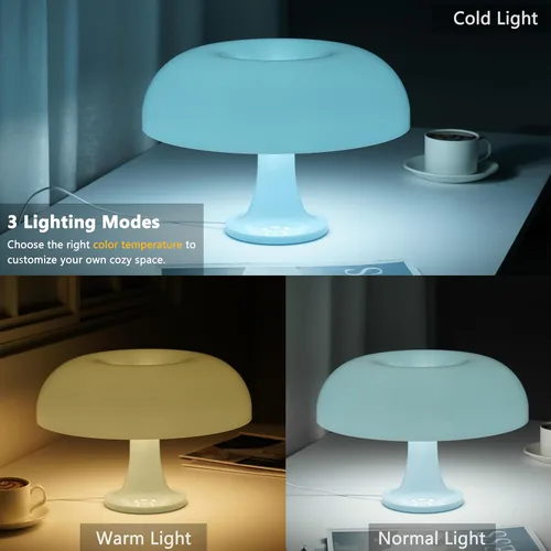 Vista 3 de Lámpara de mesa con forma de hongo en forma de dona, regulable, retro de los años 70, luz moderna de mediados de siglo con 3 modos de iluminación