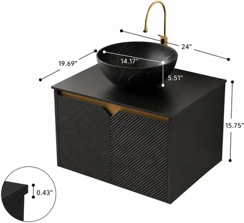 Vista 2 de Vanidad de baño flotante de 24 pulgadas con fregadero, gabinete estriado Fregadero de cerámica negro + negro