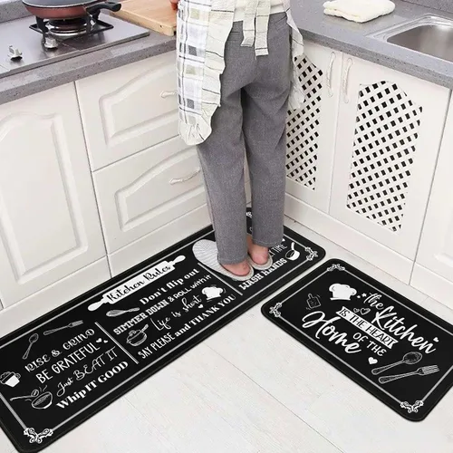 Vista 4 de Juego de 2 tapetes de cocina negros antideslizantes y lavables, juego de 2 tapetes decorativos antifatiga para áreas de cocina y comedor, decoración