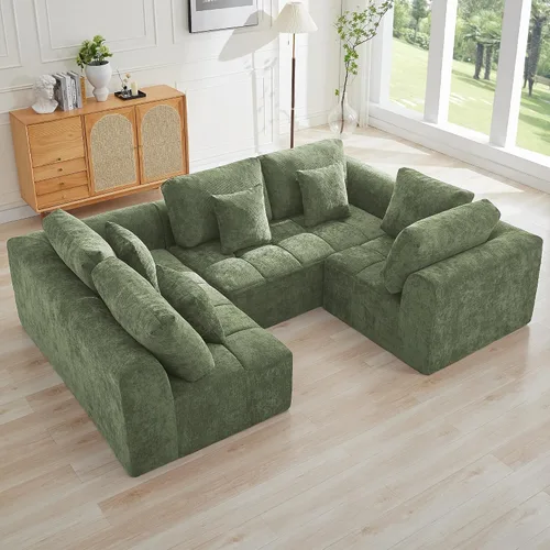 Vista 38 de Sofás seccionales modulares de 110 pulgadas para sala de estar, sofá seccional comprimido sin hueso, sofá de espuma viscoelástica tapizado de 3 Beige