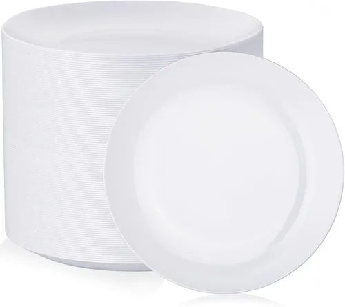 Vista 27 de Nervure - Juego de 100 platos de plástico desechables negros de 7.5 pulgadas, platos de postre negros desechables, platos de plástico dorado