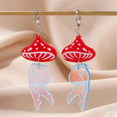 Vista 6 de Dreuyet Aretes de pierna de hongo exagerados divertidos para mujer, aretes retro de los años 80, aretes de personalidad bailarina, hermosas piernas