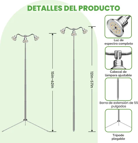 Vista 3 de Luces de crecimiento de espectro completo para plantas de interior de 15 a 62 pulgadas de altura ajustable de aleación de aluminio lámparas