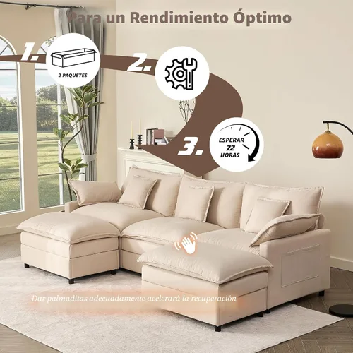 Vista 7 de GOSUHI - Sofá en forma de U de 108", sofá seccional modular, sofá de nube de 3 plazas con otomana móvil, sofás de asiento profundo para sala de Beige