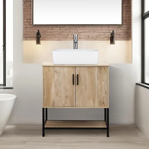 Vista 23 de UEV Juego de tocador de baño antiguo de 24 pulgadas, color marrón oscuro con lavabo, armario de baño de madera de hierro con grifo de temperatura