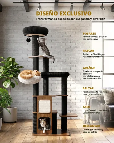 Vista 2 de Árbol de gato resistente de 63 pulgadas para gatos de interior, torre resistente para gatos grandes con poste rascador, percha superior de felpa