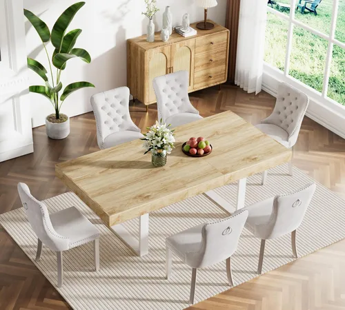 Vista 10 de Juego de mesa de comedor extensible marrón de 63 a 78.74 pulgadas para 4, juego de mesa de comedor de 5 piezas con 4 sillas tapizadas, mesa