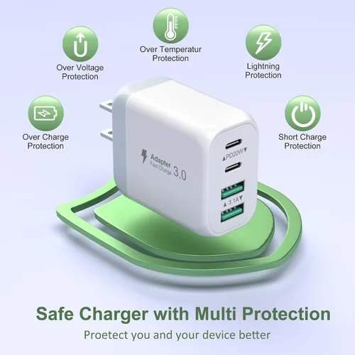 Vista 6 de Bloque de cargador USB C de 40 W, paquete de 2 cargadores de pared USB C de 4 puertos, cubo de carga rápida de teléfono tipo C con cable USBC a USBC