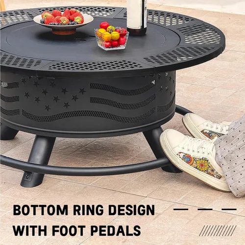 Vista 5 de Panovue - Fogata de 36 pulgadas con 2 rejillas de cocina, parrilla de acero redonda para leña al aire libre, con tapa, para barbacoa, fogata, pícnic