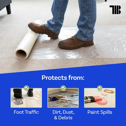 Vista 4 de TapeManBlue Rollo de película protectora de alfombra de 24 pulgadas x 200 pies, película protectora de plástico autoadhesiva para alfombras