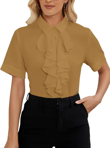Vista 12 de Vrtige Women's Ruffle Front Collar Neck Button Down Short Sleeve Blouse Shirt Top